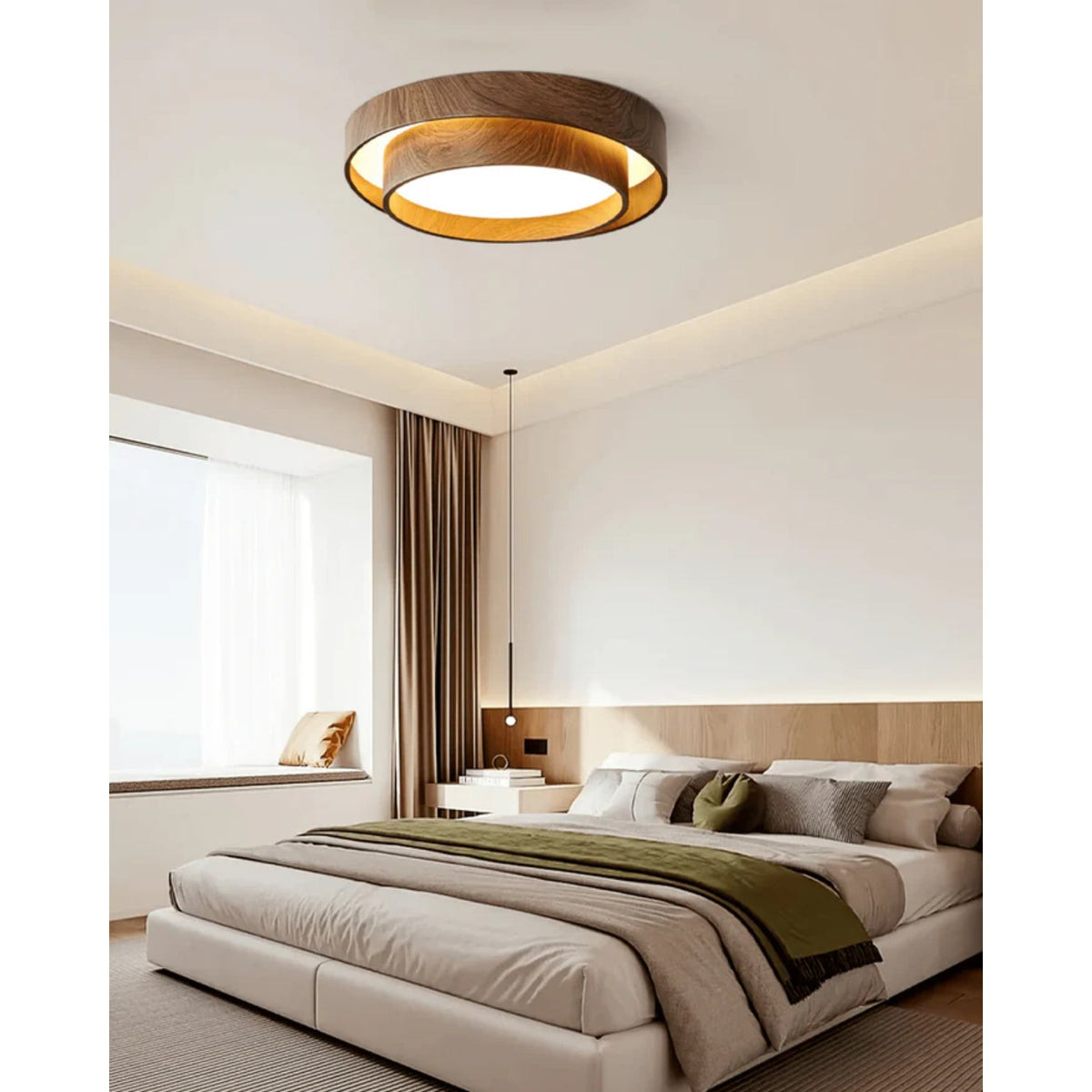 Flush Mount LED Light Fixture Walnut Finish for Bedroom Living Room Dining Area Low Profile Ambient Overhead Lighting Minimalist Contemporar
