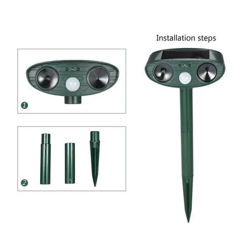 Solar Wildlife Deterrent Device Ultrasonic Outdoor Yard Defender 30 ft Range Motion-Activated Strobe Light Weatherproof for Gardens Lawns Fl