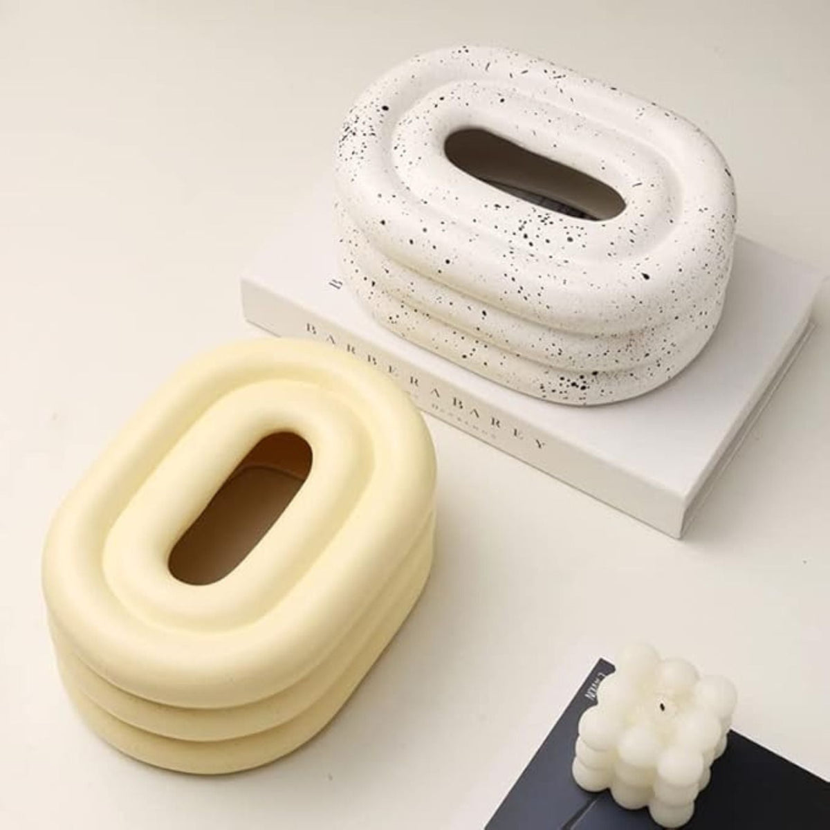 Lustre Tissue Box Holder - Premium Ceramic, Elegant Wind Ring Design