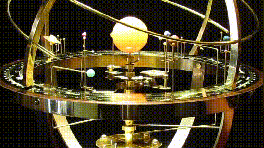Brass Mechanical Solar System Model with Gemstone Planets & Moons Oak Base Moving Orbit Desk Orrery Educational Science Display Home Decor