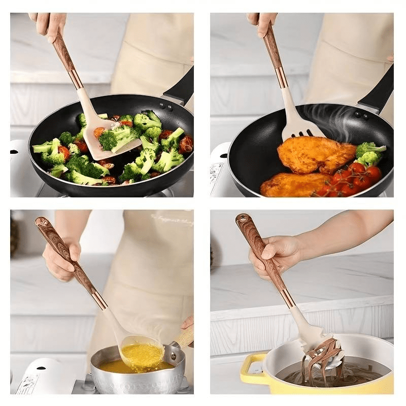 Cooking Utensil Set 10-Piece Heat Resistant Silicone Tools Non-Stick Safe Ergonomic Wood Grain Handles for Baking Serving Everyday Kitchen U