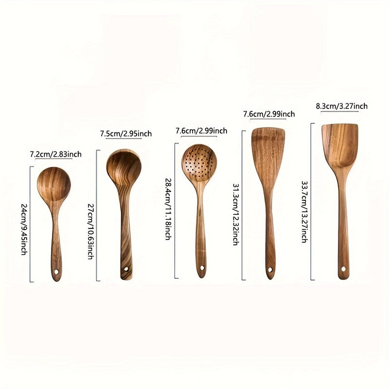 5-Piece Wooden Kitchen Utensil Set - Ergonomic Sustainable Cooking Utensils for Everyday Use