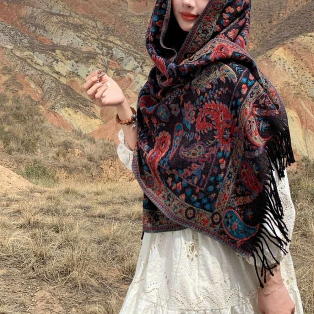 Pavia Women's Poncho Shawl - Soft Microfiber, Double-Sided Paisley Design