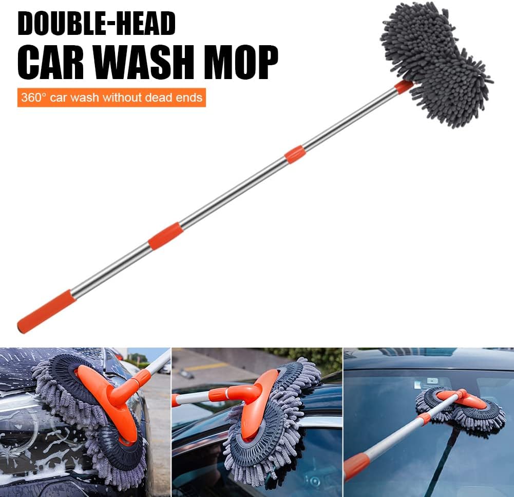 Telescoping Car Wash Brush with 360° Rotating Head & Extension Pole for Vehicles, RVs, Windows