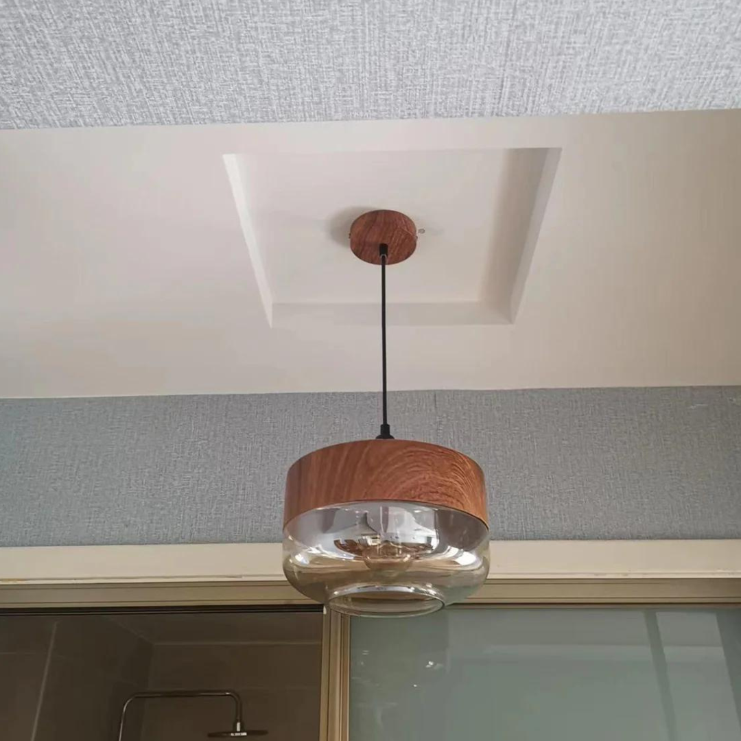 Glass Pendant Light with Wood-Look Metal – Scandinavian Hanging Fixture for Dining Room, Bedroom & Living Room