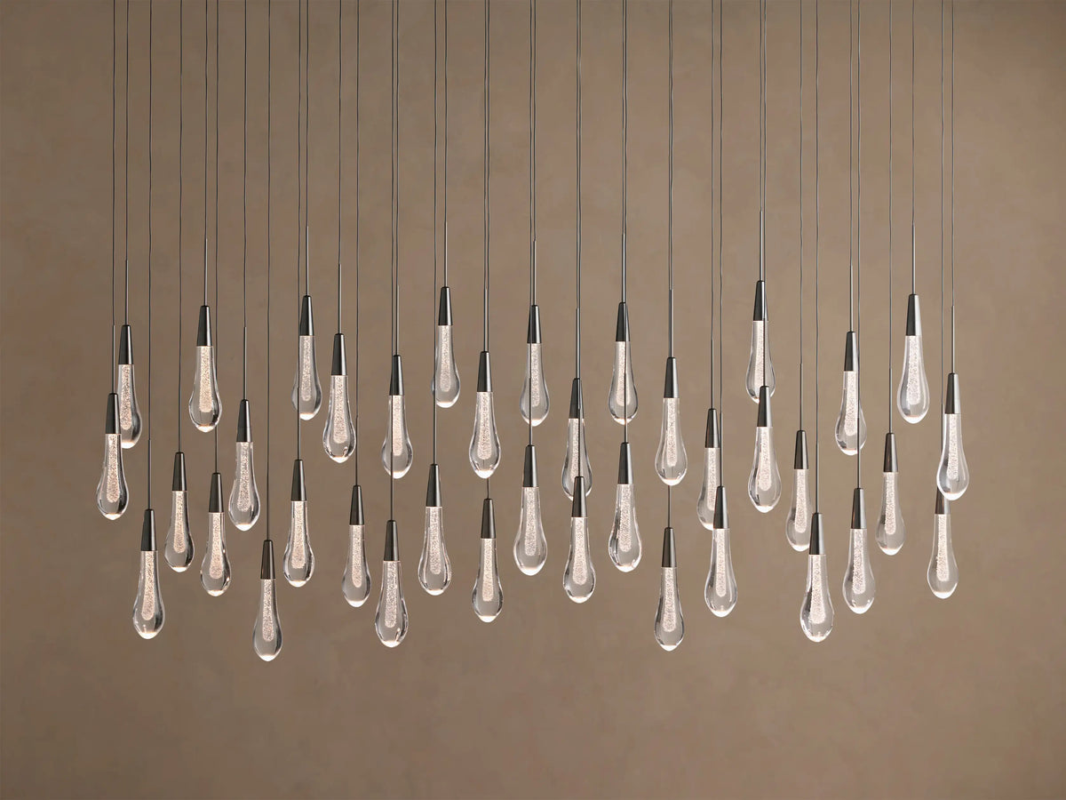 Linear LED Chandelier with Textured Glass Drops – Adjustable Height – Brass Bronze Nickel – 37 to 120 Inch – Dining Room Kitchen Island