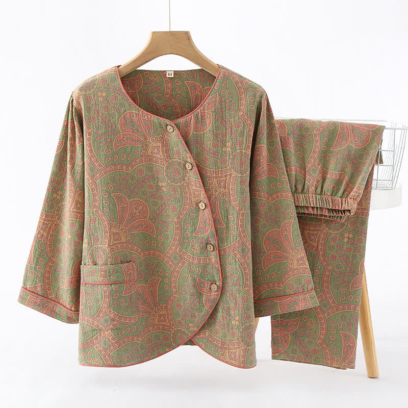 Women's Cotton Pajama Set Round Neck Vintage Jacquard Long Sleeve Loungewear Sleepwear with Side Buttons for Spring Summer Fall