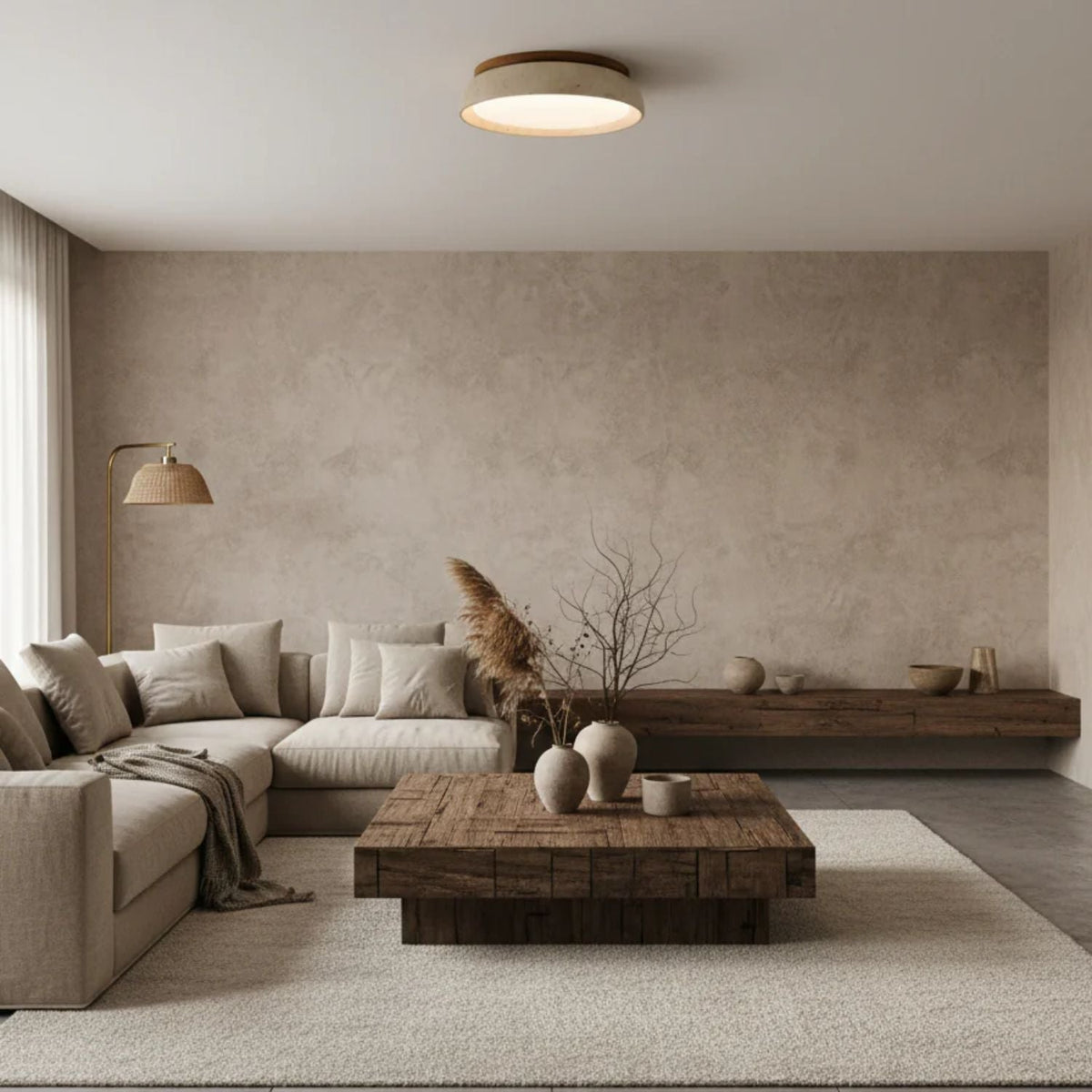 Flush Mount LED Overhead Light with Natural Stone & Wood Accents for Bedrooms, Hallways & Low Ceilings – Warm 3000K Glow, Scandinavian Minim