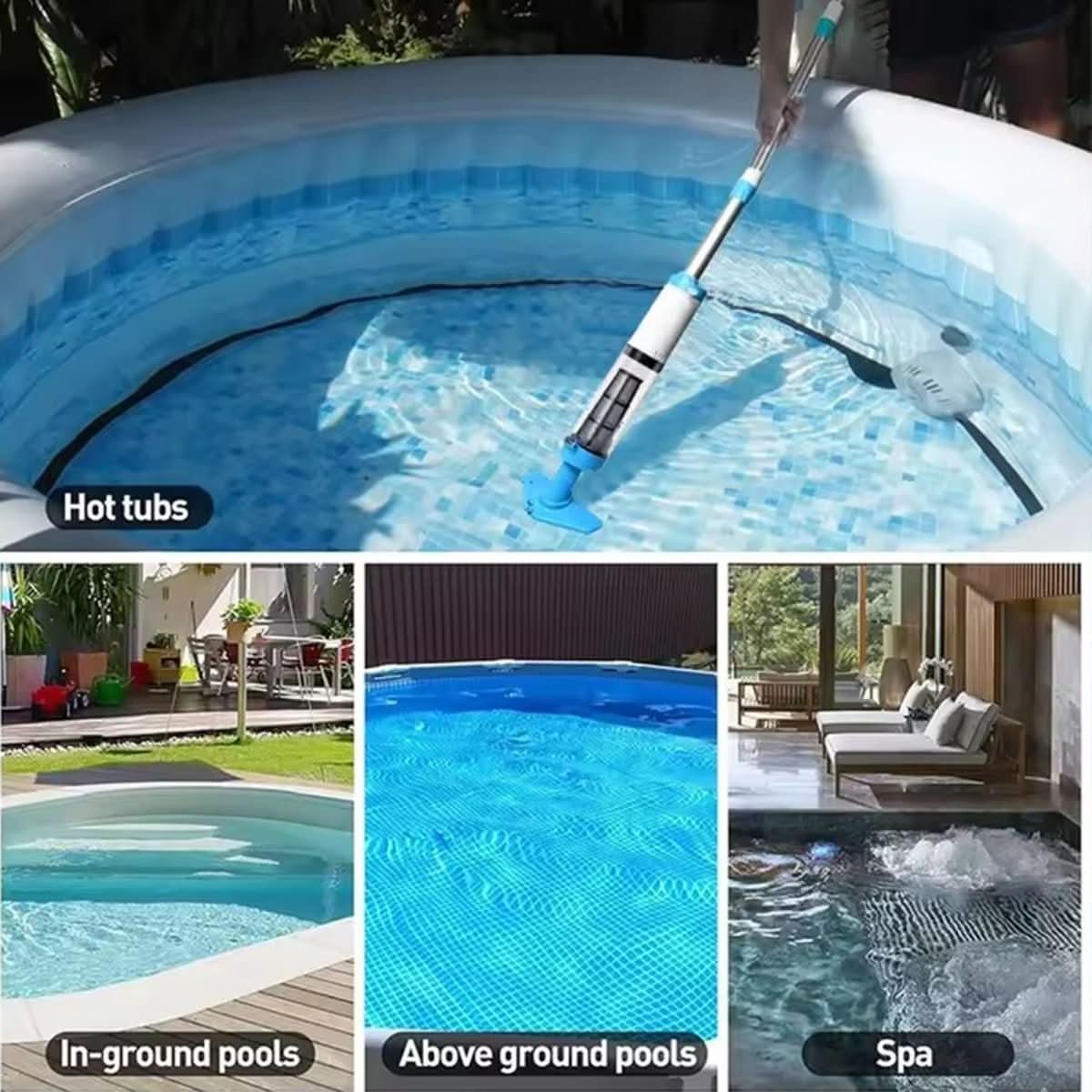 Rechargeable Pool Vacuum Cleaner with Telescoping Pole & Brush Attachments for In-Ground & Above-Ground Pools, Spas, Hot Tubs