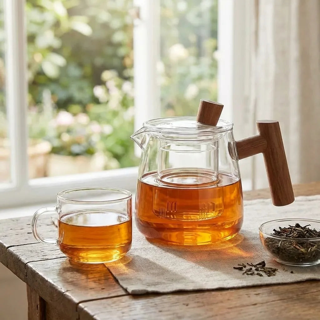 Borosilicate Glass Teapot with Wooden Handle – 18.60 fl oz Capacity for Elegant Tea Brewing