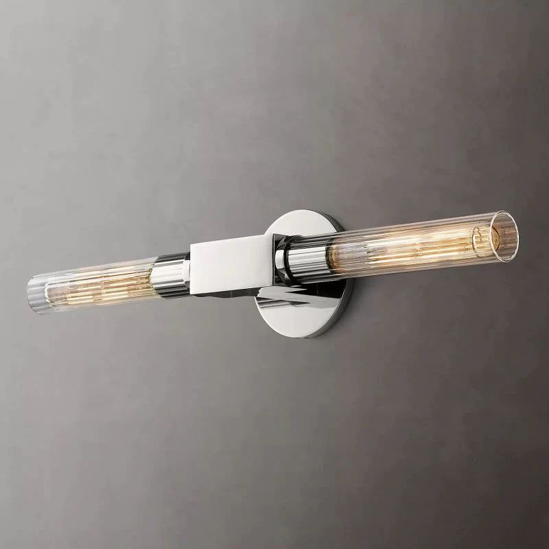 Ribbed Glass Linear Vanity Light 2-Bulb Brass Wall Fixture for Bathroom Living Room Bedroom Hallway