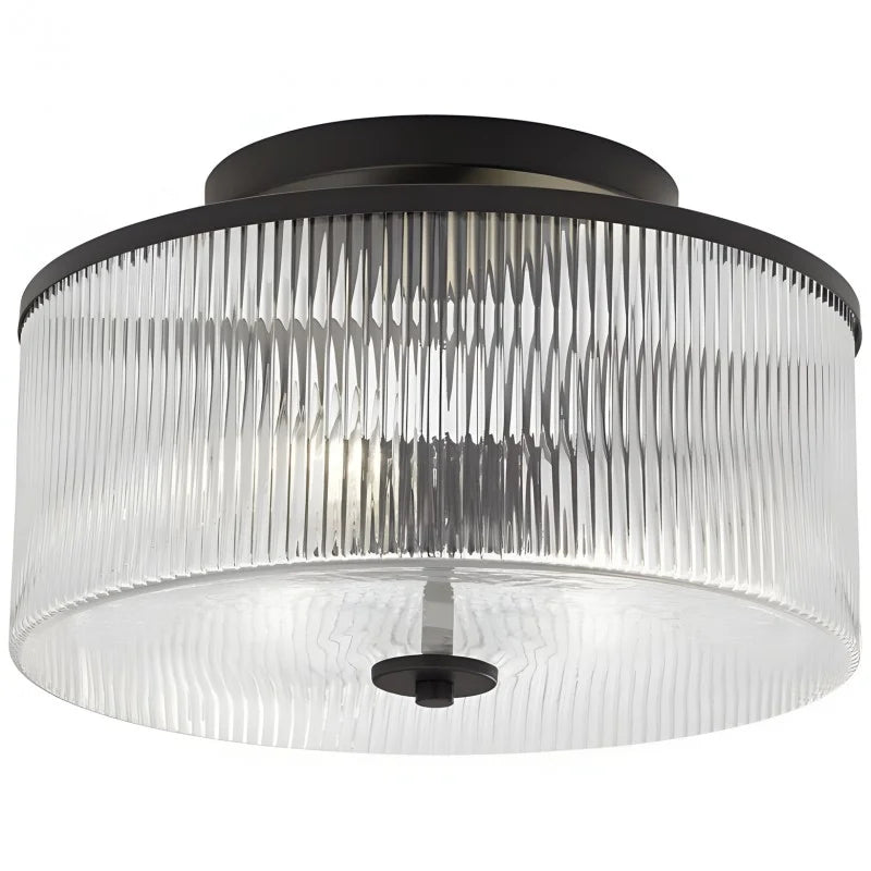 Dual-Socket Flush-Mount Fixture 14 Inch Black Brass Ribbed Glass Shade Hardwired Semi-Flush Overhead Light for Bedroom Entryway Dining Room