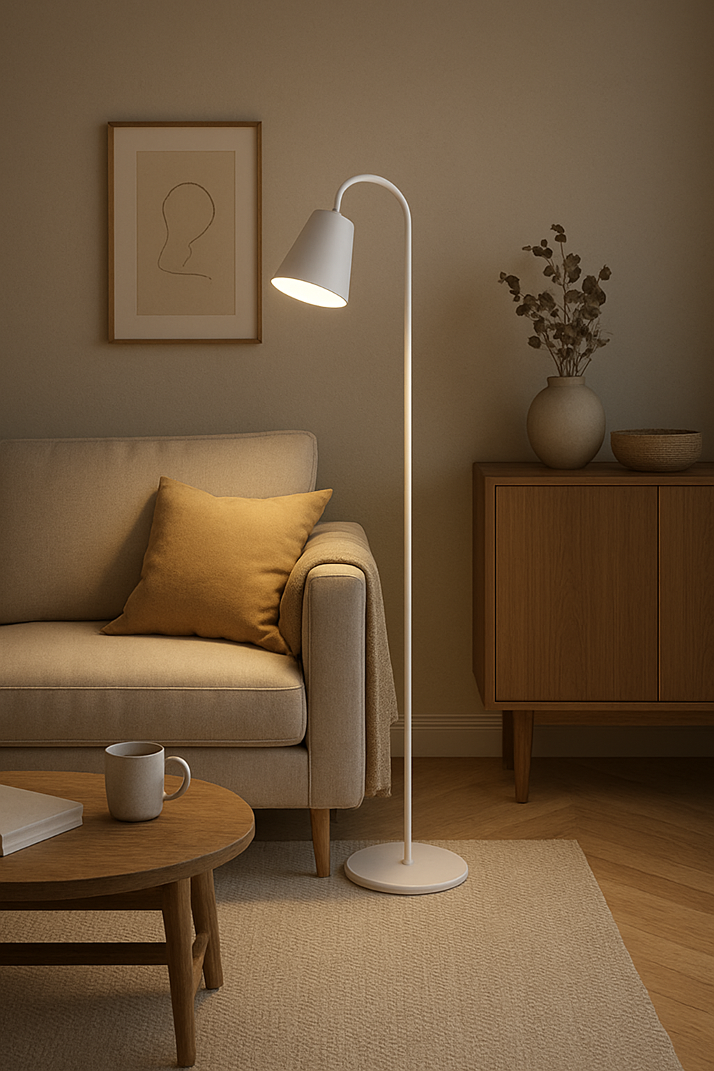 Adjustable Reading Floor Lamp with Metal Arm and Round Wood Base | Modern Scandinavian Style Task Light for Living Room Bedroom Office