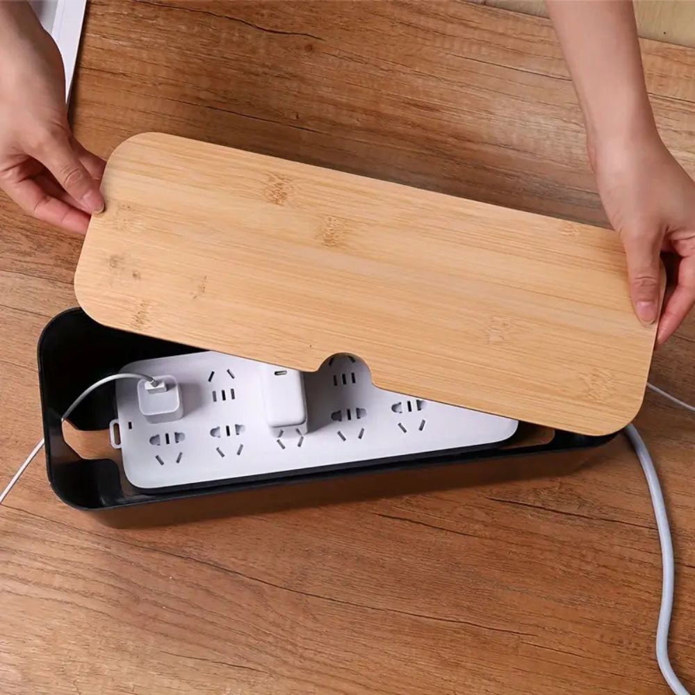 Clever Cable Organizer Box - Bamboo Lid, Ventilated Design for Desk Cable Management