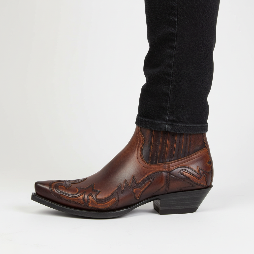 Embroidered Leather Western Boots for Women & Men – Mid-Calf Pull-On Cowgirl Cowboy Boots with Chunky Block Heel – Casual Riding Boots for