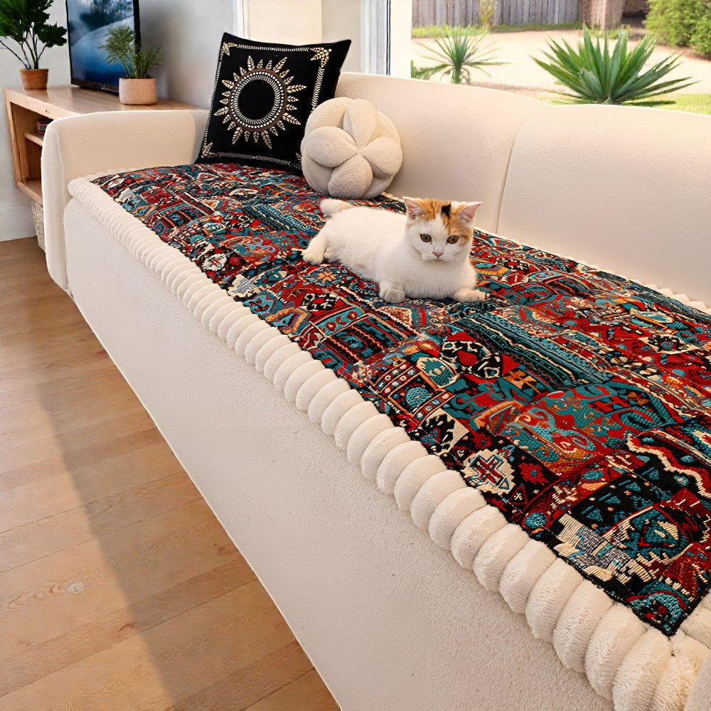 Elysian Couch Cover - Quilted Microfiber, Ethnic Design, Non-Slip