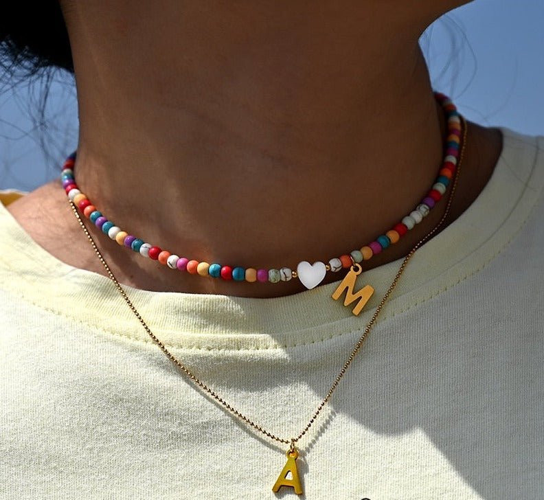 Colorful Beaded Initial Necklace with Heart Charm – Personalized Letter Pendant Jewelry for Women & Girls