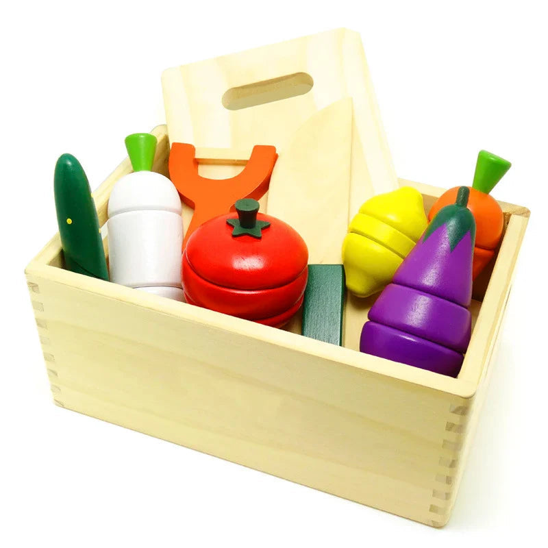 Montessori Kitchen Toy Set | Wooden Fruits & Vegetables with Cutting Functionality | Eco-Friendly Play Food for Skill Development