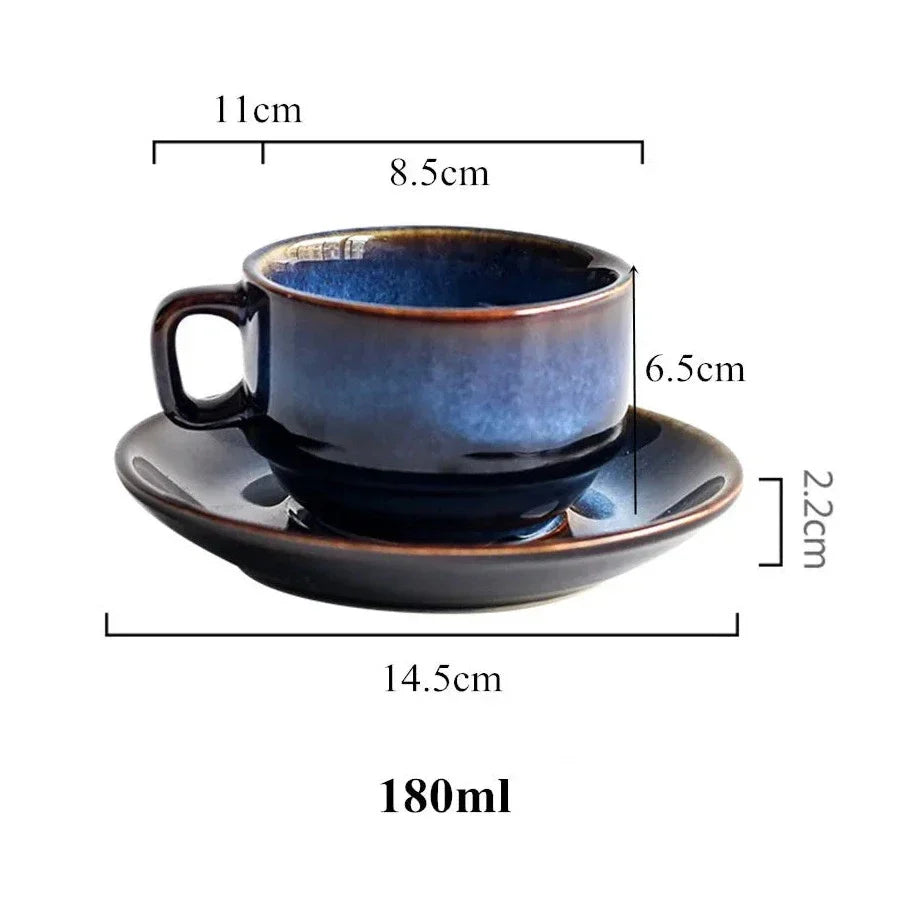 Bone China Coffee and Espresso Cup with Saucer Set - Deep Blue Ceramic Drinkware for Tea, Coffee, and Hot Beverages - Elegant Mug and Plate