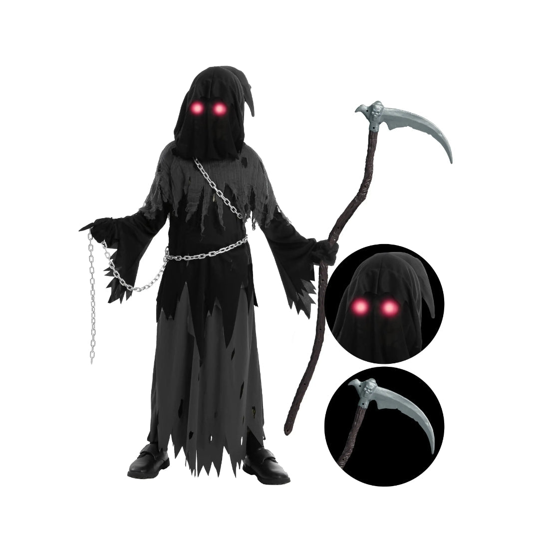 Spooky Costume Collection | Grim Reaper Hooded Robe Set with Glowing Eyes | Perfect for Halloween Fun