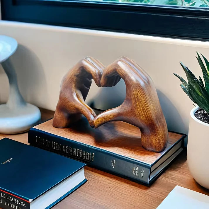 Wooden Heart Gesture Figurine for Shelf Display – Modern Rustic Tabletop Accent for Living Room Bedroom Office – Heartfelt Symbol Home