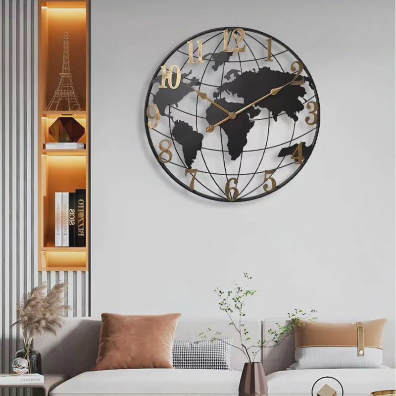 24-Inch World Map Wall Clock | Metal Frame Silent Quartz Movement for Living Room Bedroom Office | Decorative Globe Design Timepiece