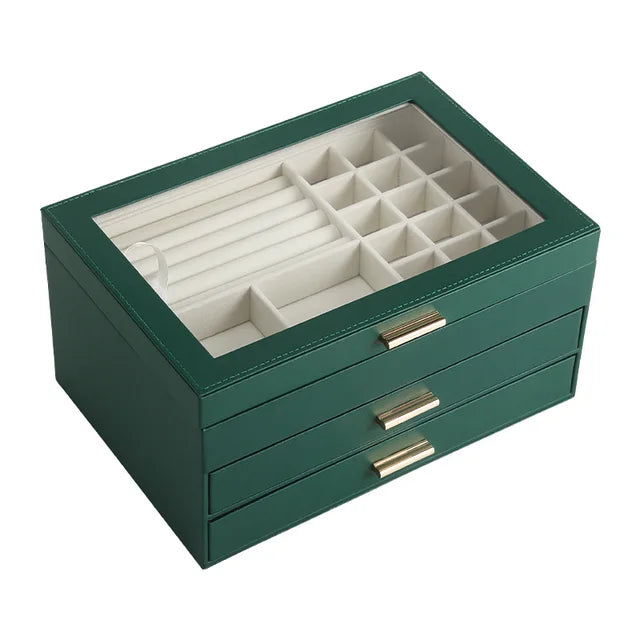 Multi-Tier Jewelry Organizer Box with Magnetic Glass Lid & Drawers for Rings, Necklaces, Earrings & Watches