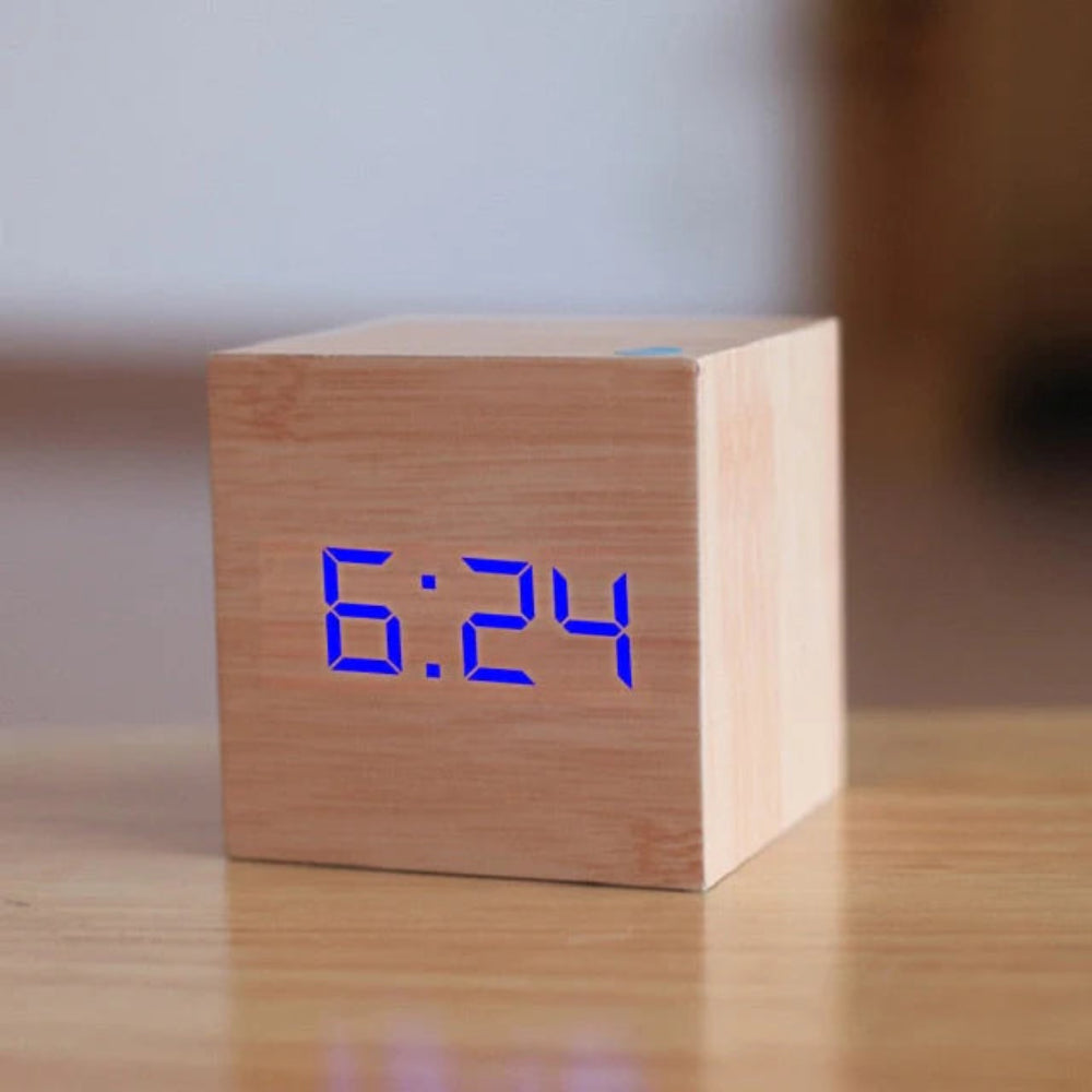 Cube LED Alarm Clock — Wood-Grain Digital Display with Temperature & Date, Auto-Dim Night Mode for Bedroom, Office & Kitchen