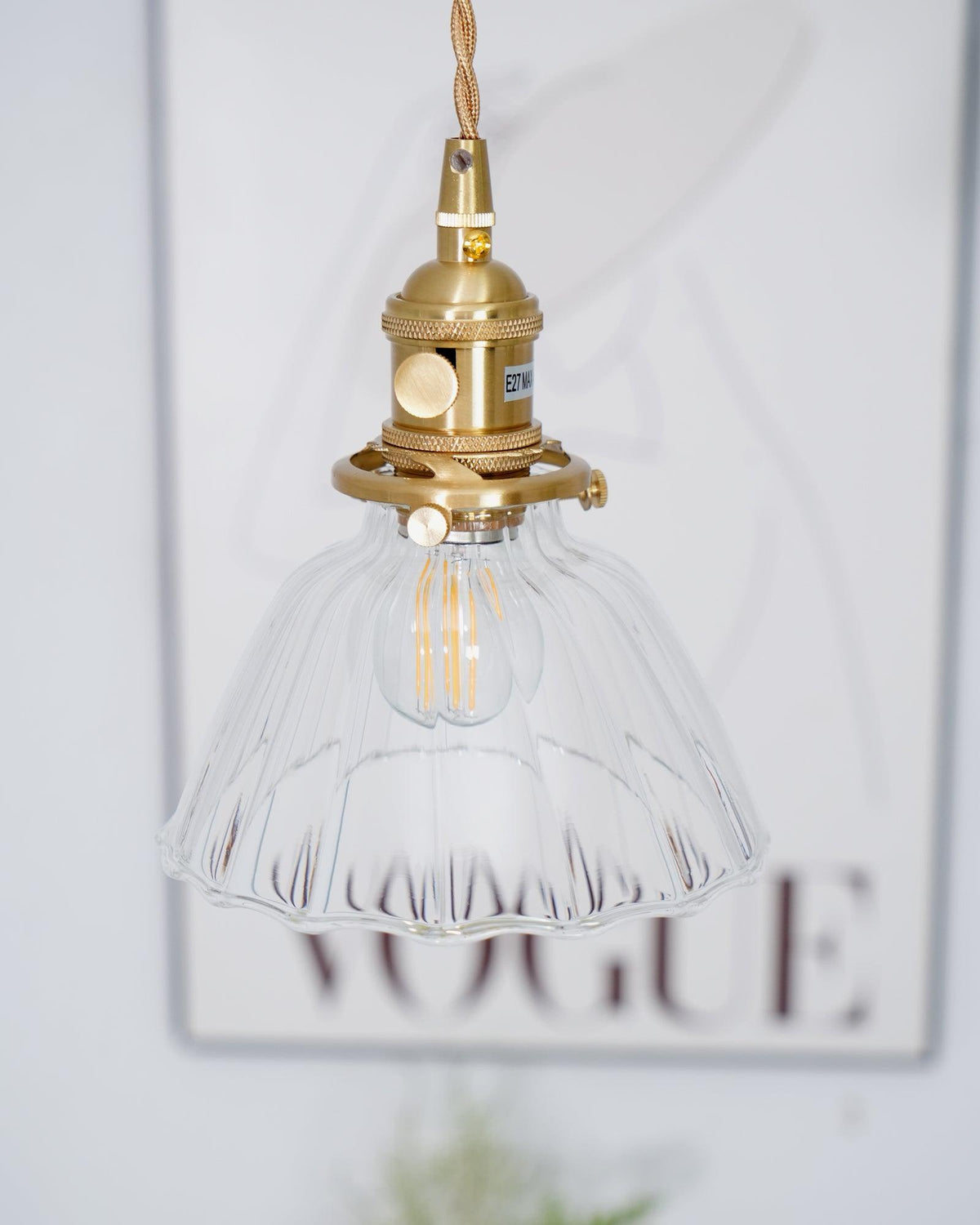 Glass Drop Pendant with Brass Hardware – Hanging Light for Countertops & Tables – Adjustable Suspension – E26 Socket – Transparent Dome Fixt