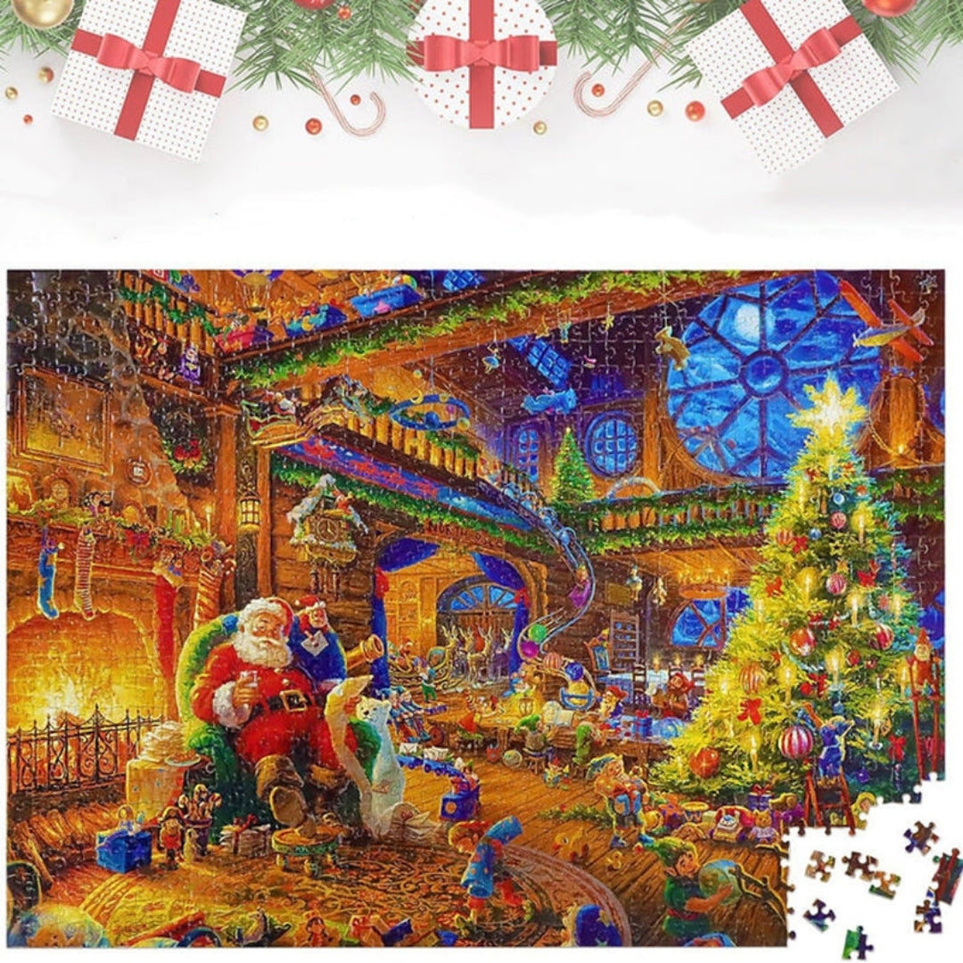 Advent Calendar Christmas Jigsaw Puzzle 1008 Pieces – Daily 42-Piece Countdown Set with Workshop Scene & Poster for Kids & Adults