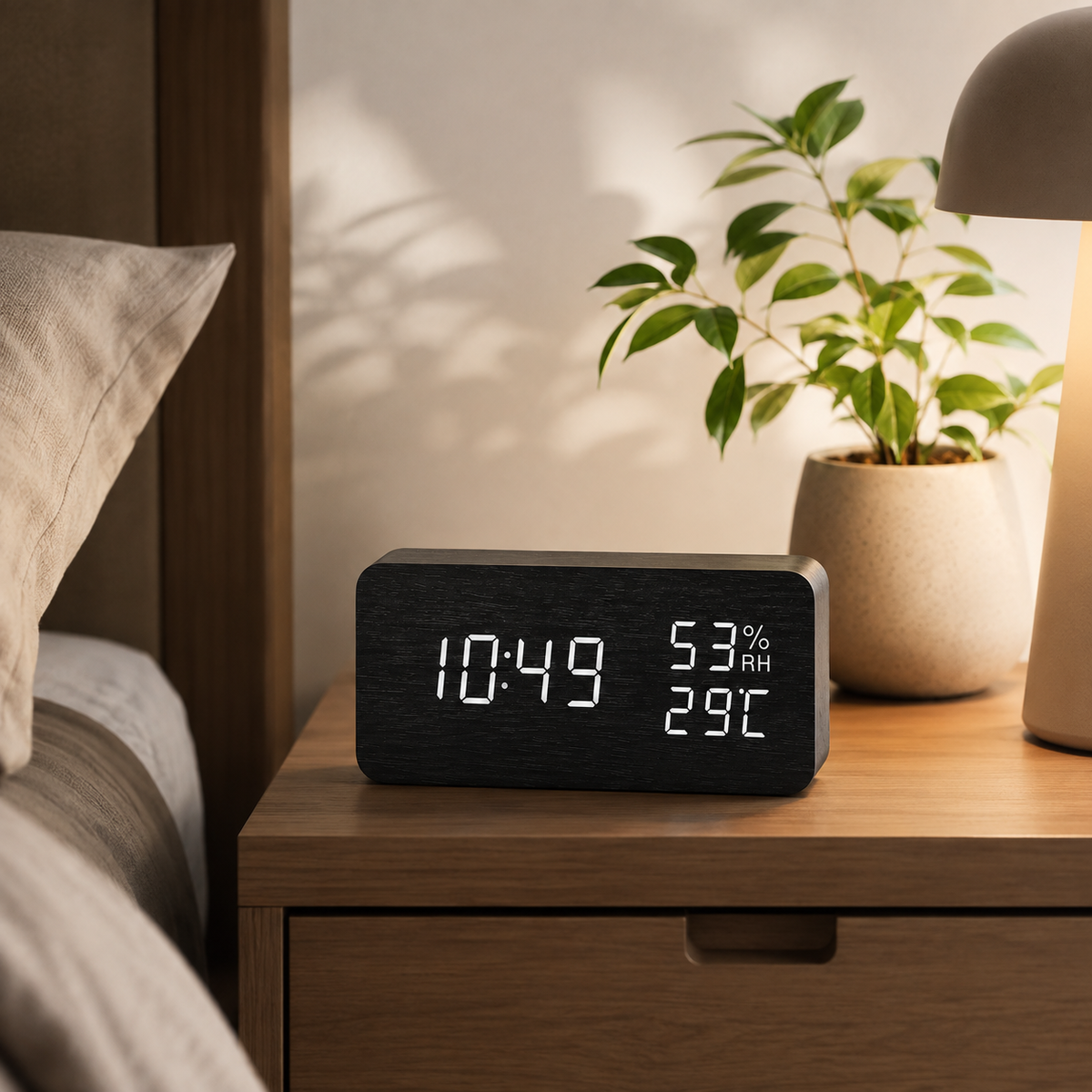 Digital Wood-Style Alarm Clock with LED Display, Temperature, Humidity & Voice Activation for Bedroom, Nightstand