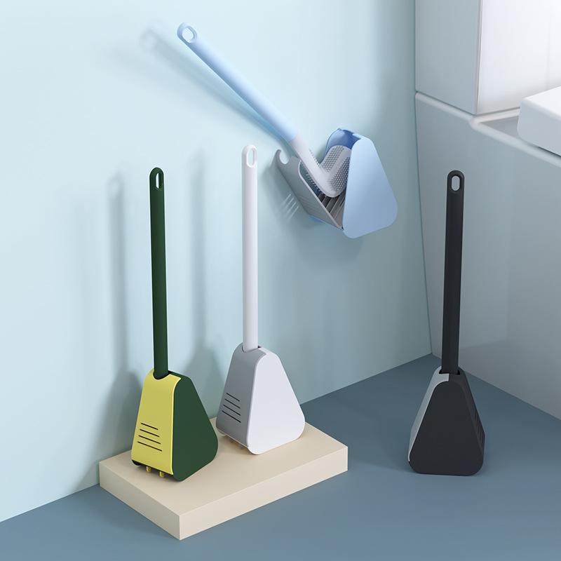 Long-Handle Toilet Brush with Triangular Head for Deep Bowl Cleaning – Wall-Mount Holder Included – Scratch-Free TPR Bristles for Bathroom