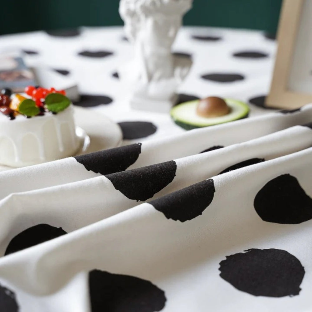 Polara Charm Table Cloth - Microfiber Blend, Black Polka Dot with Tassel Edging