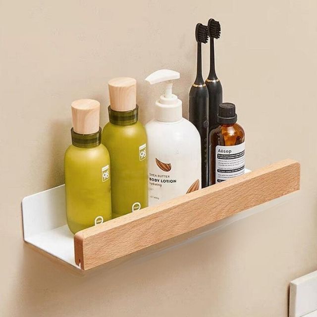 Rustic Bathroom Shelf - Solid Wood Storage Rack with Easy Drill-Free Installation, Water Resistant Design for Stylish Organization