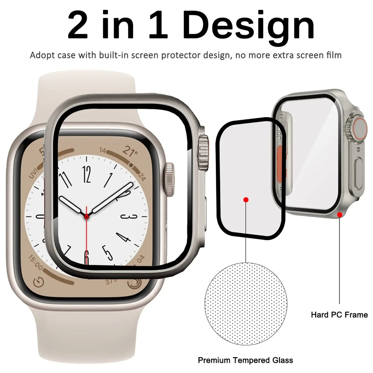 Hardened Glass Shield Case for Apple Watch Series 7/8/SE – Full Display Coverage, Crown Access, 40-45mm Sizes