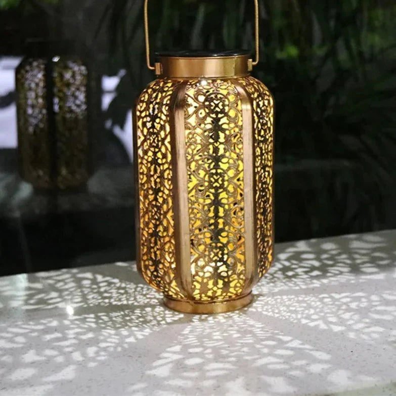 Geometric Metal Outdoor Solar Lantern with Auto Dusk Sensor for Patio Garden Yard Decor Hanging LED Light