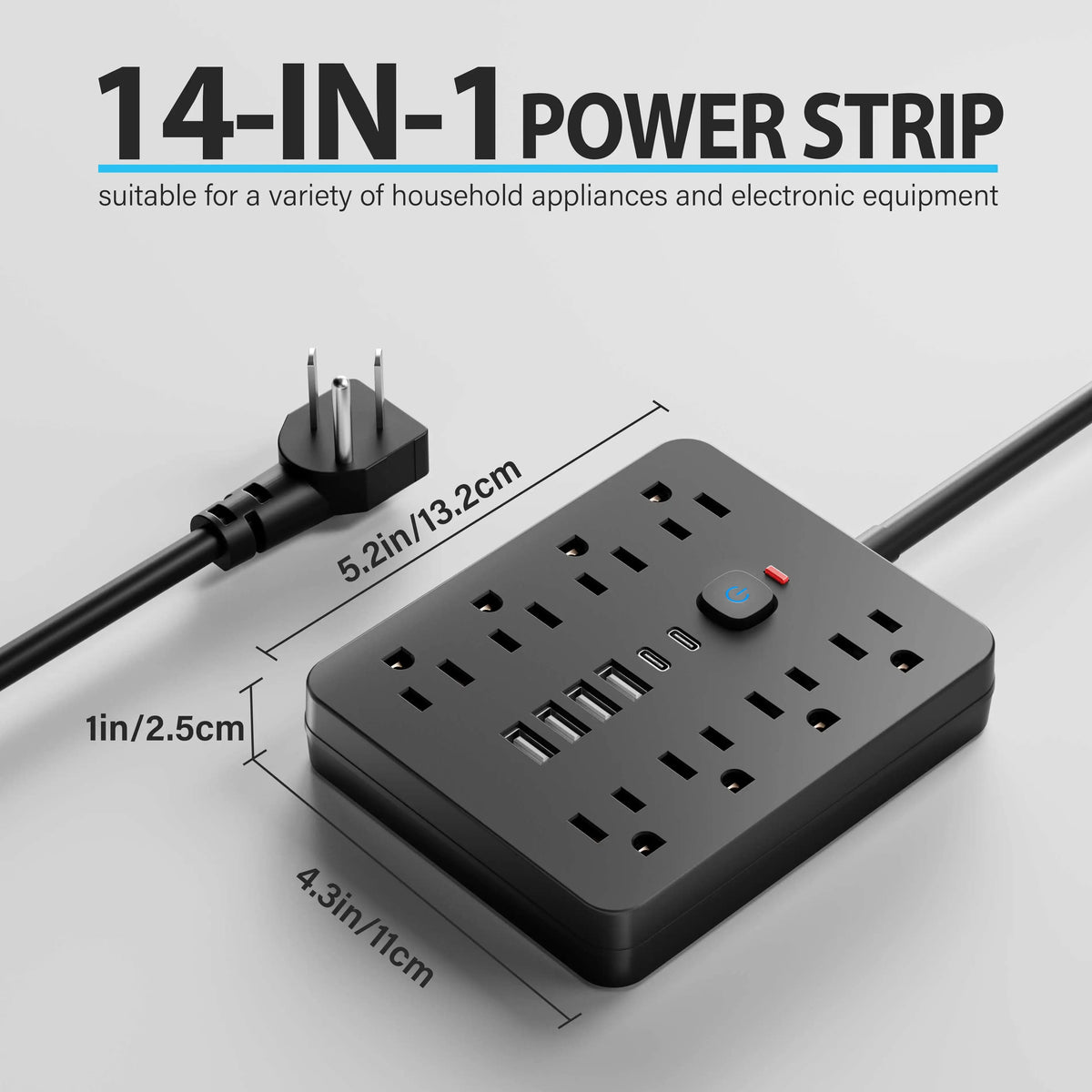 Power Strip with Surge Protector, 8 AC Outlets and 4 USB Ports, Flat Plug Power Strip with Extension Cord for Office