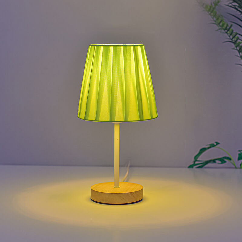 Wood Accent LED Table Lamp with Fabric Shade – USB Powered for Bedroom, Nightstand & Living Room