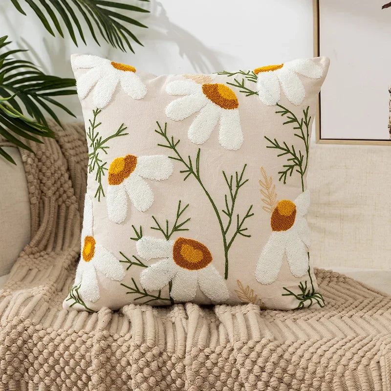 Floral Embroidered Throw Pillow Cover 18x18 Inches Cotton Canvas White Decorative Cushion Case for Couch Bed Chair Farmhouse Modern Living R
