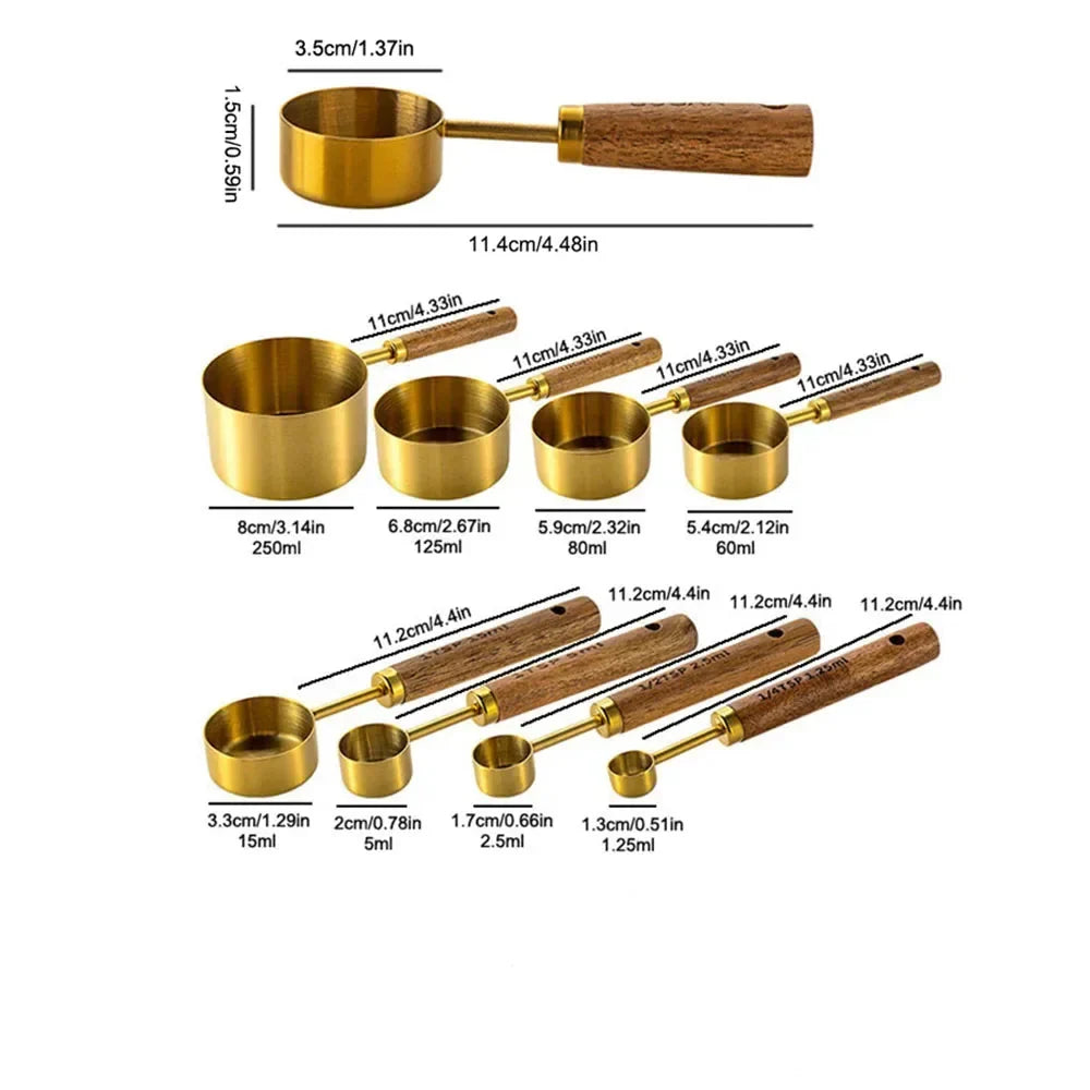 Stainless Steel Kitchen Measuring Spoons 8-Piece Set with Wood Handles for Baking Cooking Spice Portioning Recipe Prep Home Chef Tools