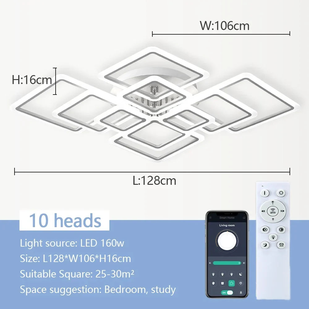Square Flush Mount LED Fixture 50 in Dimmable Remote Control White Aluminum Geometric Rings for Bedroom Living Room Dining Room Open Plan
