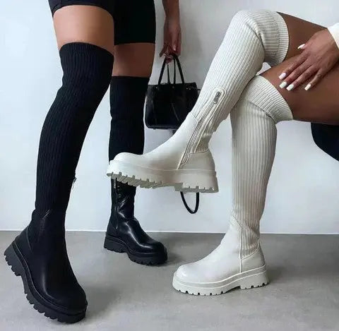Women's Knee-High Fabric Boots Flexible Knit Upper Slip-On Design Fall Winter Footwear for Casual & Dressy Outfits