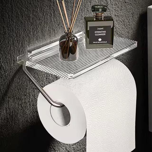Stylish Toilet Roll Holder with Shelf – Modern Bathroom Accessory in Polished Metal