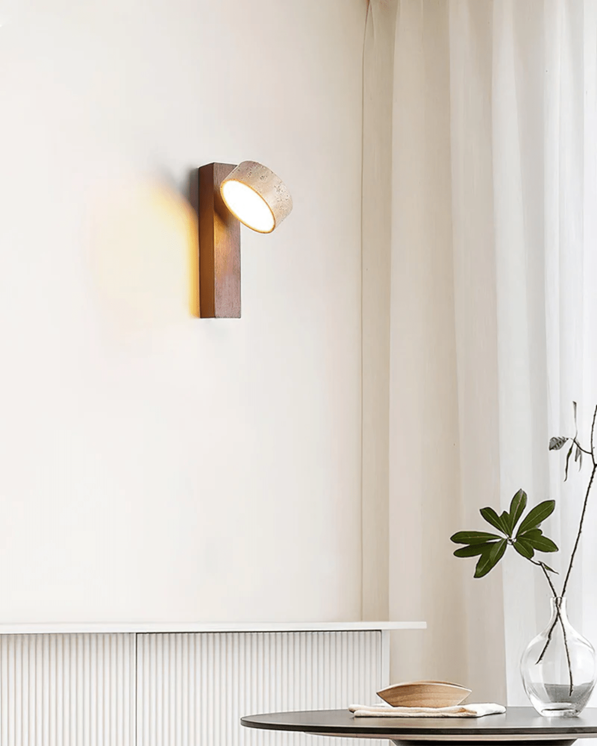 Adjustable Walnut & Stone Sconce with Focused Downlight for Bedside Reading and Hallways 9.3 in Tall Japandi Natural Material Fixture