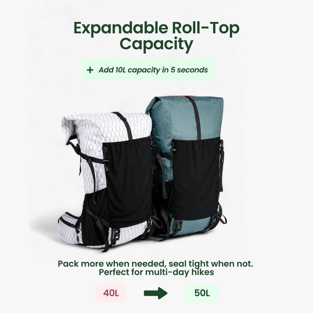 Lightweight 50L Roll-Top Backpack – Expandable Water-Resistant Hiking Bag