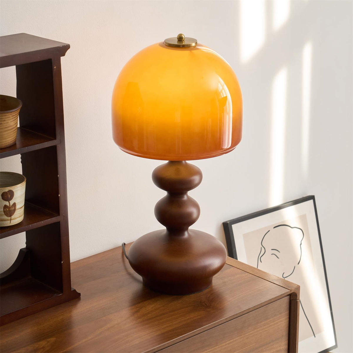 Wooden Desk Lamp with Amber Glass Shade 10 in × 20 in for Nightstand Bedroom Office Cozy Reading Light