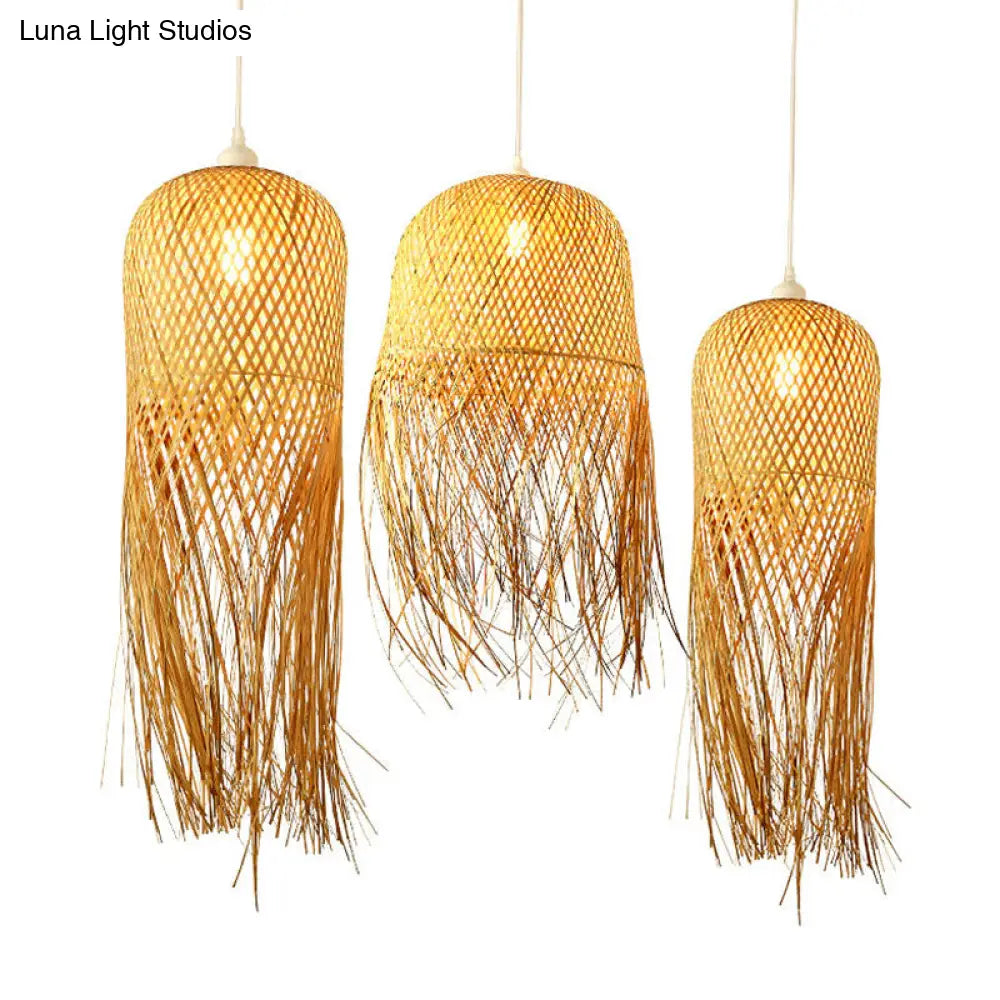 Woven Rattan Dome Hanging Light with Natural Fringe Trim | Bohemian Ceiling Pendant Fixture | E26 Socket | 1-Bulb
