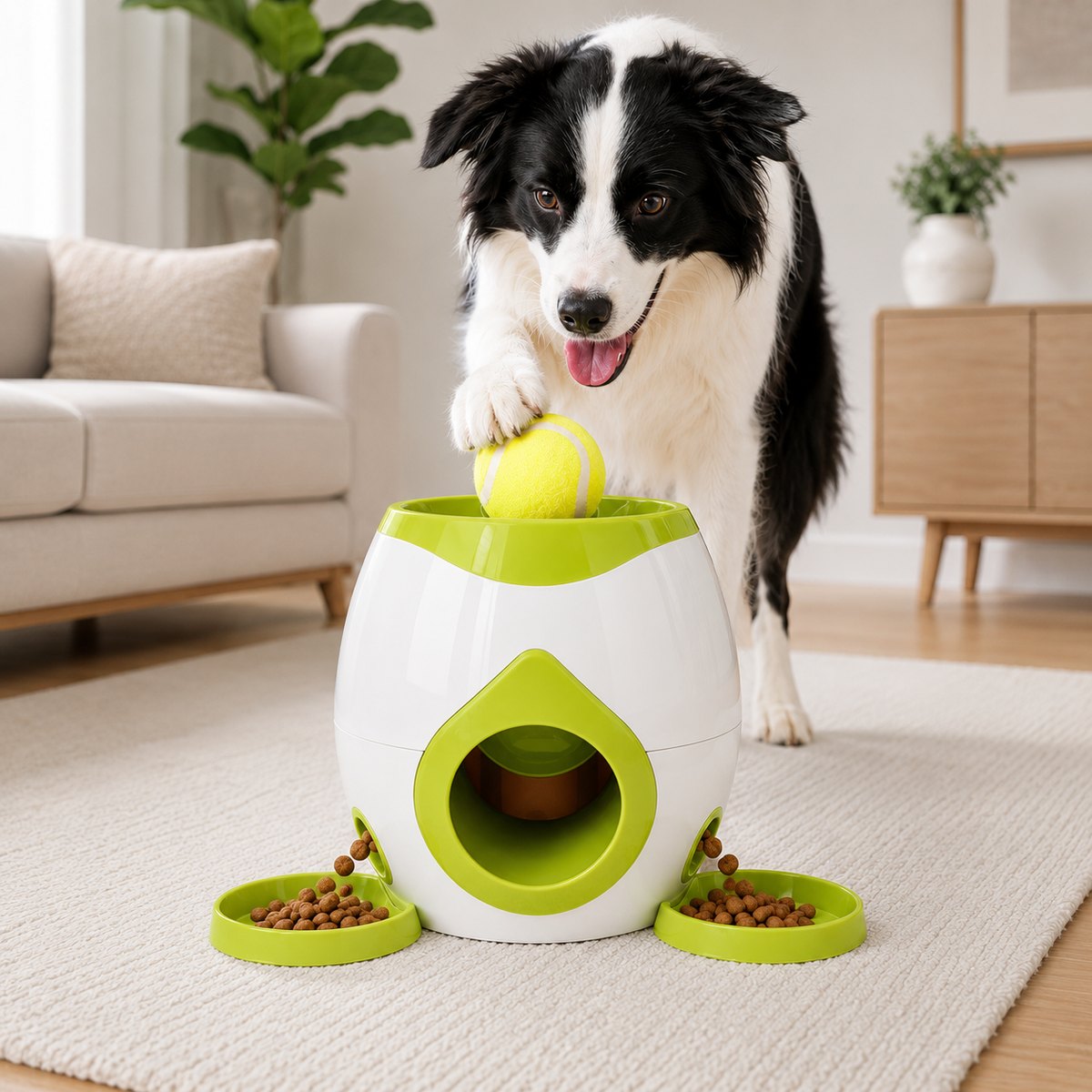 Ortekor Ball-Activated Dog Puzzle Feeder for Indoor Play & Slow Eating - Interactive Treat Dispenser Toy with Tennis Balls, Side Trays & Scoop