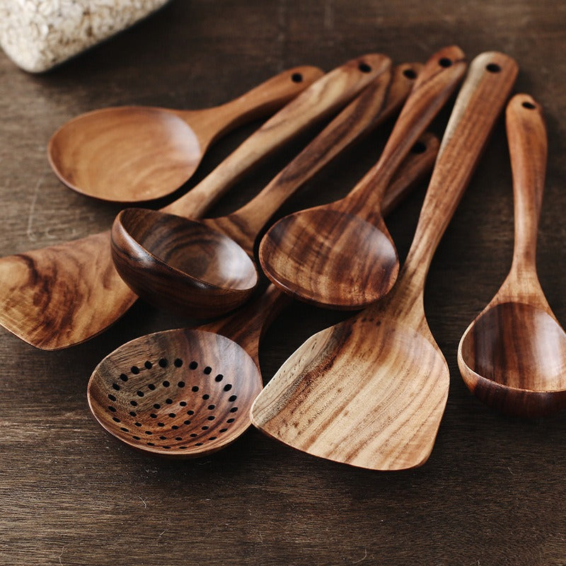 EARTHCRAFT – Premium Teak Wood Kitchen Utensil Set with Spatula and Serving Spoons for Natural Cooking