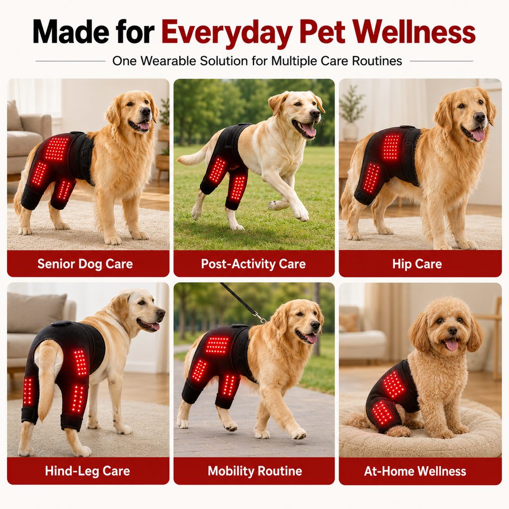 Ortekor Wearable red light therapy sleeve for dogs, used for home care of the lower back and hind legs/hips.